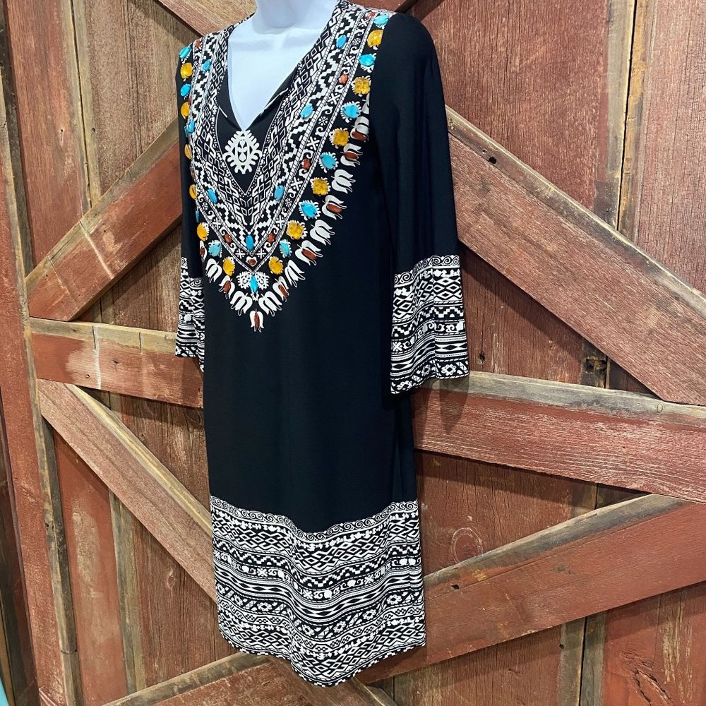 Chico's Beaded Southwestern Dress Size Small 0, Size 4 Stretch Colorful Bell Sle - Picture 2 of 12